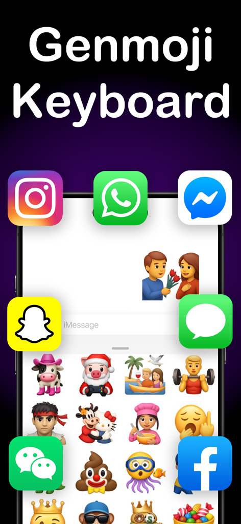 Interfaz del teclado de IA de Gemoji que muestra varios stickers personalizados e integraciones de aplicaciones de redes sociales.