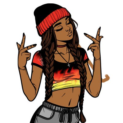 realistic teenage girl with braids and a beanie and crop top doing 🫶🏼