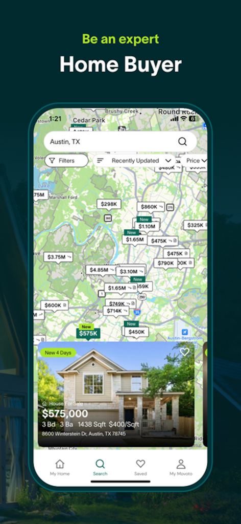 Movoto | Real Estate - Interfaz de mapa de la aplicación inmobiliaria Movoto que muestra anuncios de casas y precios en Austin, Texas