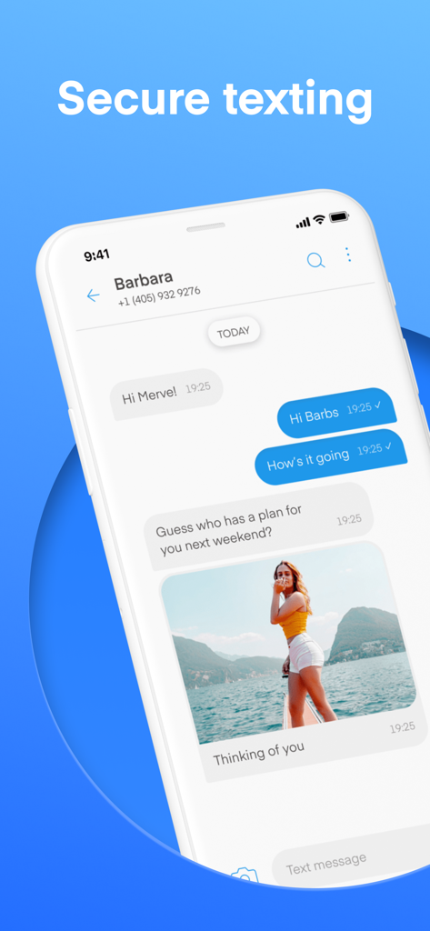 Text Vault app showing a secure chat interface with private text and photo messages.