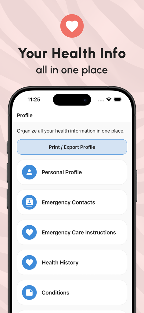 The Ehlers-Danlos Society - Interfaccia dell'app The Ehlers-Danlos Society che mostra la sezione del profilo sanitario con opzioni per contatti di emergenza, storia clinica e condizioni mediche.