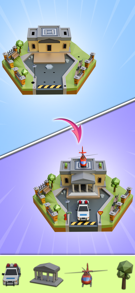 World Builder 3D:Building Game - Montando um edifício 3D low poly com um helicóptero e um carro de polícia em um jogo de quebra-cabeça.