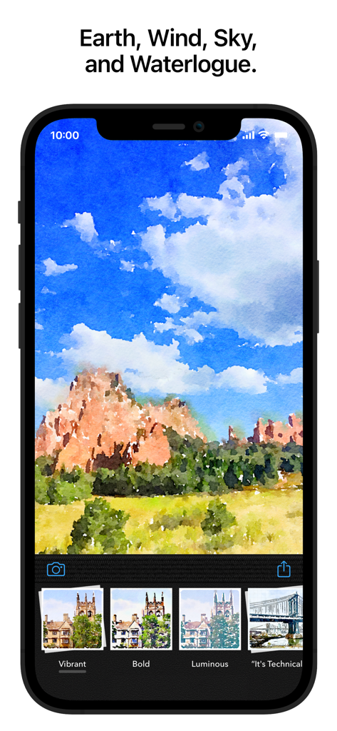 Waterlogue app interface on an iPhone displaying a watercolor painting of a mountain landscape with various artistic filter presets like Vibrant and Bold.