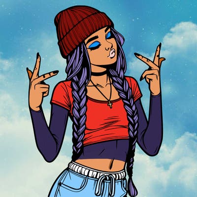 realistic teenage girl with braids and a beanie and crop top doing 🫶🏼
