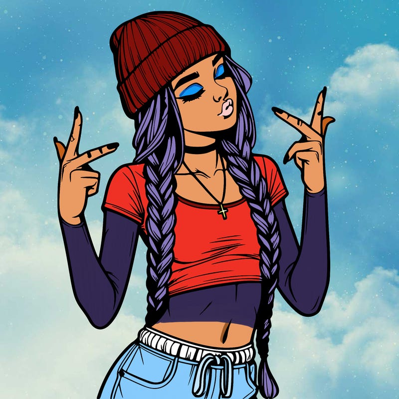 realistic teenage girl with braids and a beanie and crop top doing 🫶🏼
