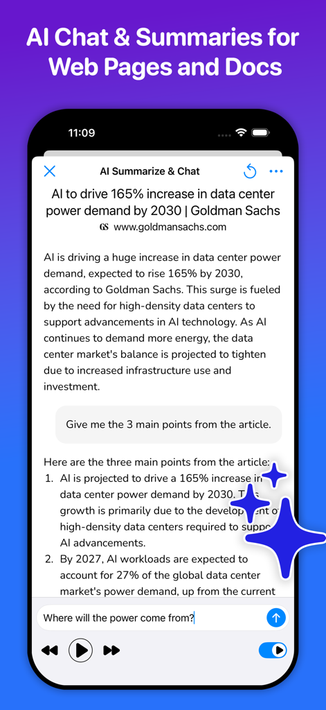WebOutLoudアプリインターフェース。Web記事のAIチャットとドキュメント要約機能を表示