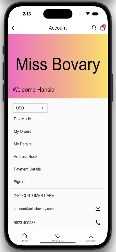 Bovary - User account page of the Miss Bovary fashion shopping app showing profile options and customer care contact info.