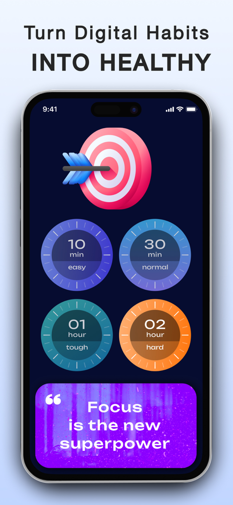Opal PRO app screen displaying focus timer intervals and a bullseye target graphic