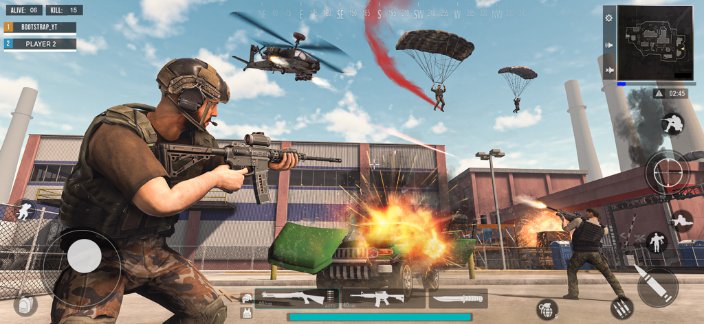 FPS Commando - Escena de acción militar en el juego FPS Commando con soldados y explosiones