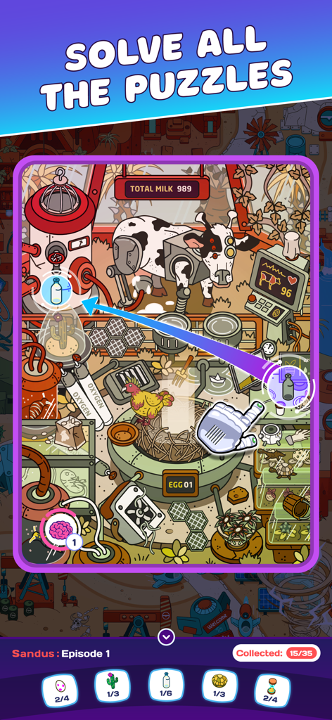 Find It: Spy Hidden Objects - Gameplay of Find It Spy Hidden Objects showing a vibrant sci-fi farm level where players find hidden items