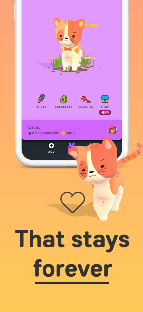 Pokipet - Raise virtual pets - Pokipet app interface showing an orange cat named Davey with pet care options and a heart icon