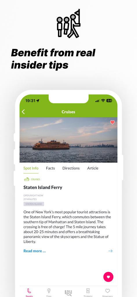 La aplicación Loving New York mostrando consejos y detalles para conocedores del ferry de Staten Island