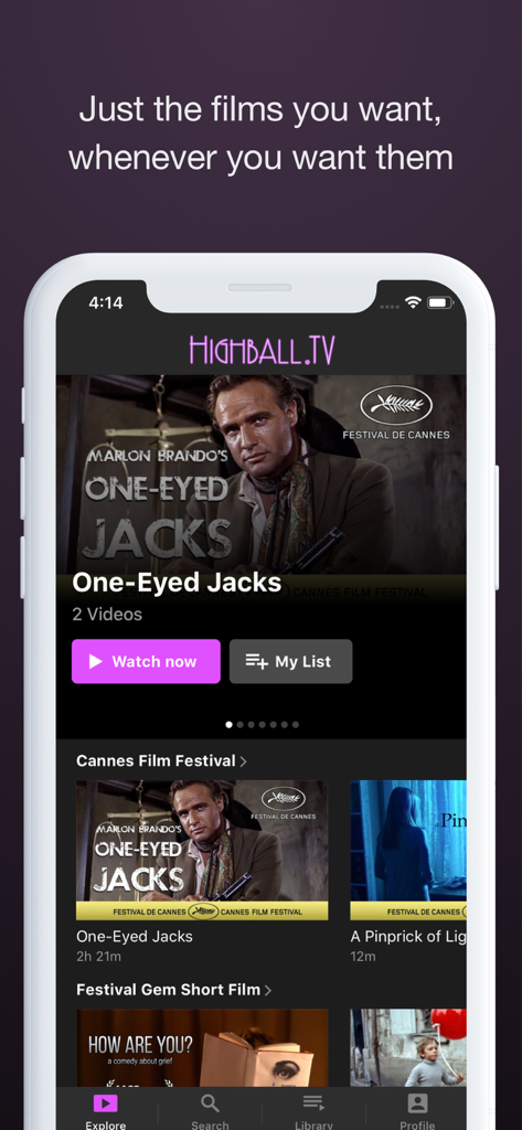 HighballTV - HighballTV mobile app interface displaying curated festival films and a featured movie titled One-Eyed Jacks