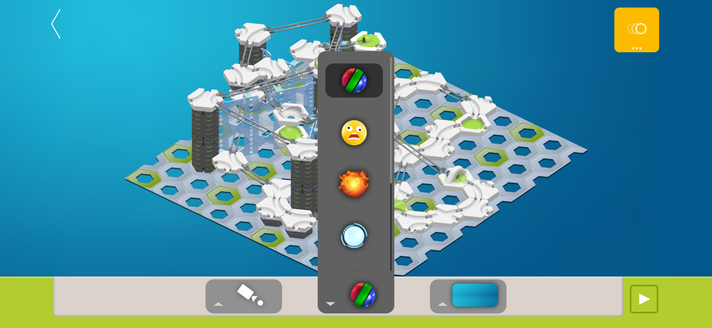 A 3D digital marble run track editor in the GraviTrax app showing a menu with different ball effects