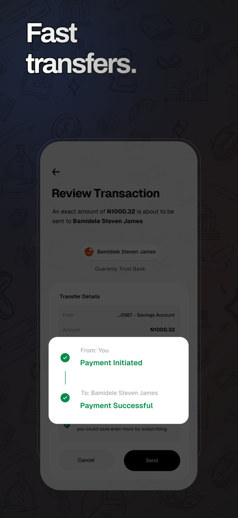 PocketMoni - Interfaz de la aplicación PocketMoni que muestra una confirmación de transferencia de dinero rápida y exitosa a una cuenta bancaria nigeriana