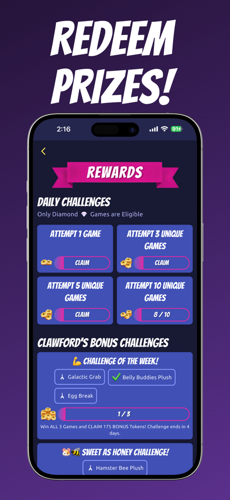 ClawCrazy - Claw Machine Games - ClawCrazy app rewards screen showing daily and bonus arcade challenges to redeem prizes
