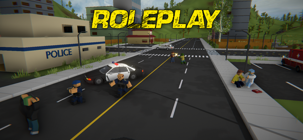 The Outlands 2 Zombie Survival - Una escena de calle de ciudad low-poly con personajes de policía y un coche de policía en el modo de rol de The Outlands 2