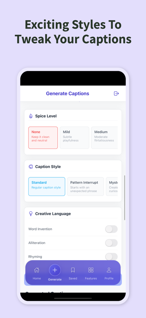 A smartphone screen showing the Captionator app settings for spice level and caption styles.