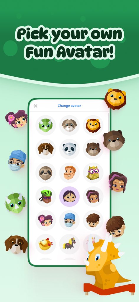 Screen showing diverse animal and character avatars for kids in the Dinolingo language app