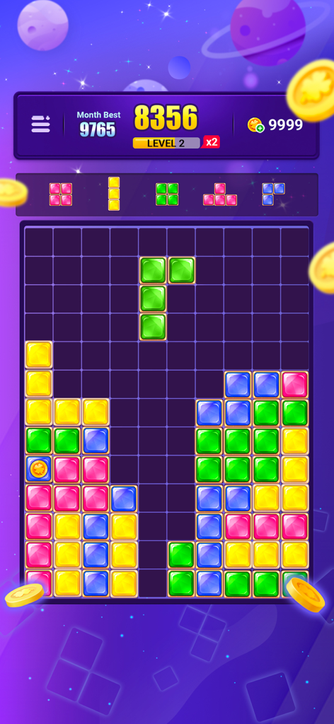 Block Puzzle Jewel :Gem Legend - Jogabilidade de Block Puzzle Jewel Gem Legend com blocos de joias coloridas em uma grade com um fundo espacial