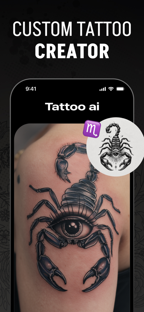 Tattoo AIアプリを使用して肩に視覚化された、目玉デザイン付きのカスタムサソリタトゥー