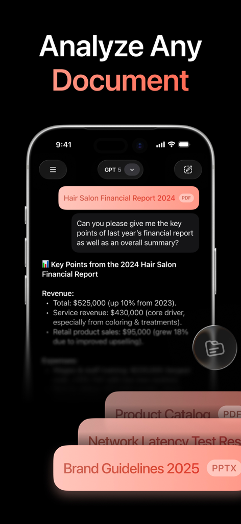 AI Chat Assistant – ChatNow - ChatNow app interface showing the AI document analysis feature summarizing a financial report PDF