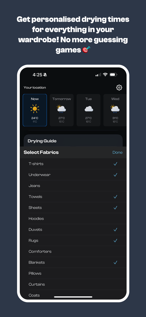 Washcast - Washcast app interface for selecting fabric types like t-shirts and towels to get personalized weather-based drying time estimates