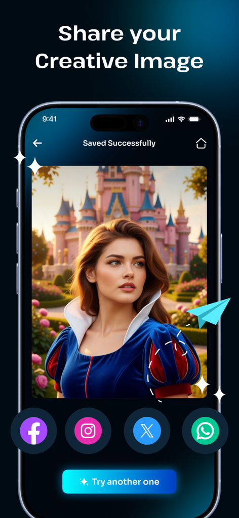 AI生成ポートレートとInstagram、Facebook、Xのソーシャルメディア共有アイコンが表示されたモバイルアプリケーション画面。