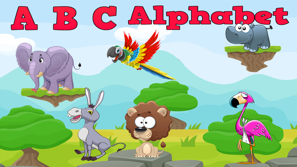 Interface de dessin animé mettant en vedette un éléphant, un lion et d'autres animaux avec le titre Alphabet ABC pour l'apprentissage des enfants
