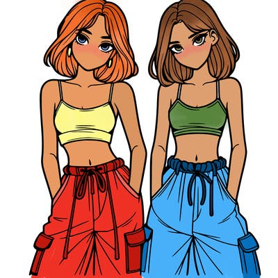 two girls with crop top with baggy pants