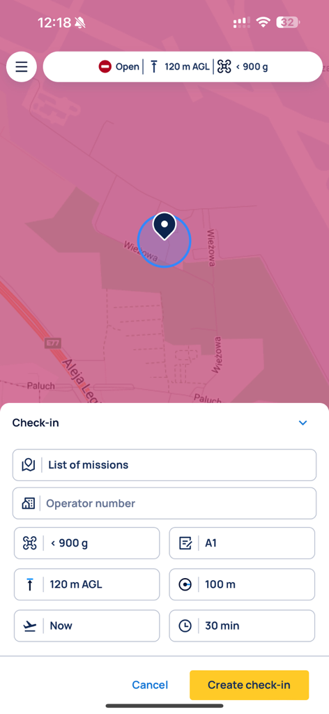 DroneTower app screenshot showing a map with flight restrictions and a check-in form for drone pilots.