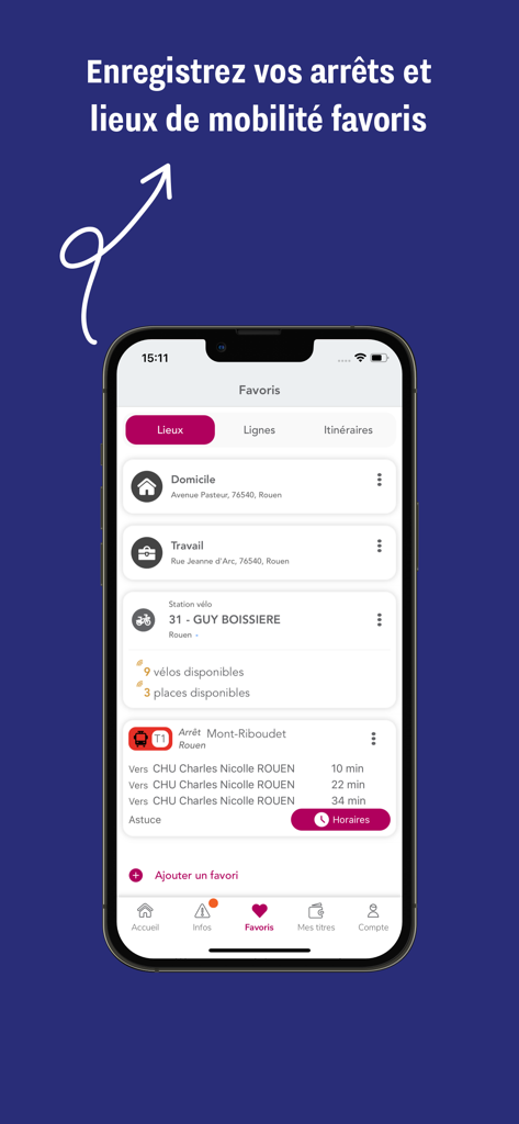 My Astuce - My Astuce app screenshot showing a list of favorite transport stops and bike stations with real-time data in Rouen