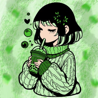 manga girl drinking boba in cozy sweater