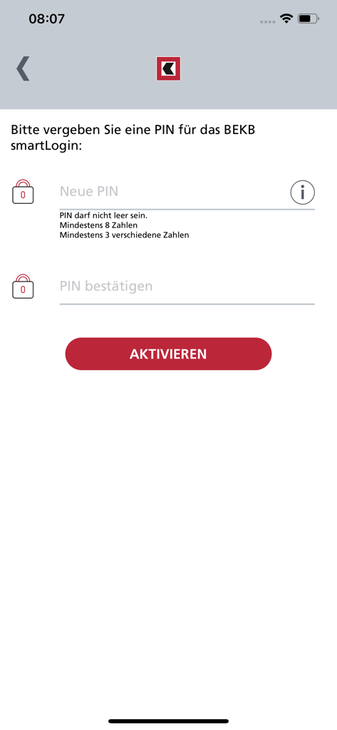 Interface for setting a new PIN in the BEKB smartLogin banking security app