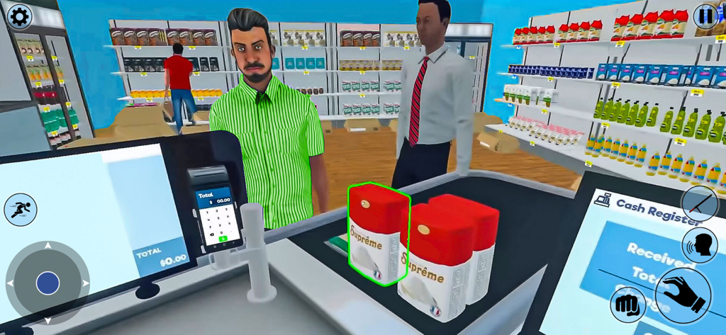 Fun Supermarket Simulator Game - Vista en primera persona de un cajero escaneando artículos de abarrotes en un juego simulador de supermercado