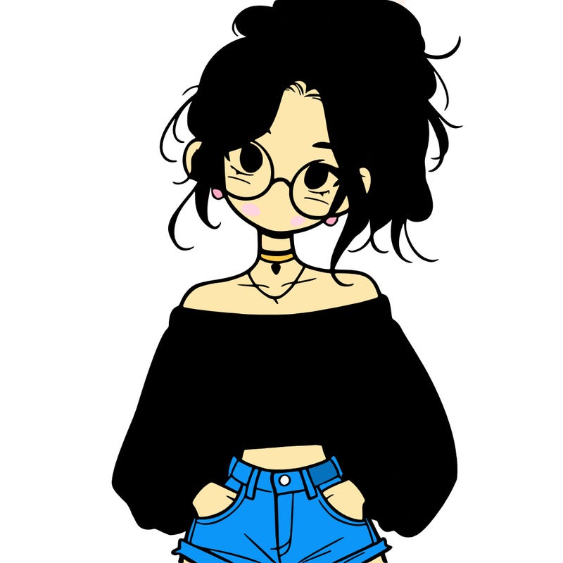 girl with a messy ponytail glasses a baggy crop top and jean shorts