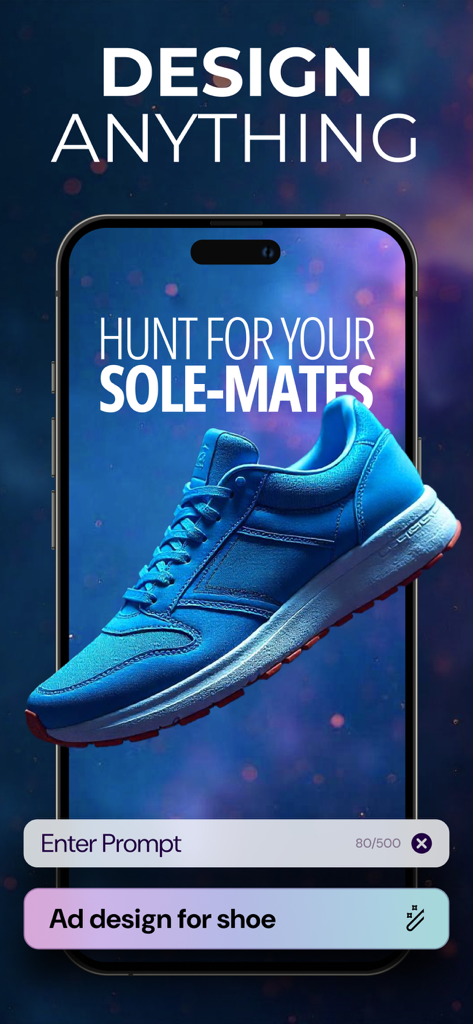 Dream Art app interface showing an AI generated blue sneaker with a prompt for ad design.