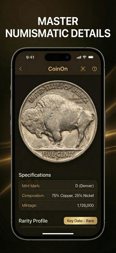 CoinOn - coin value identifier - CoinOn 앱 인터페이스에 희귀 코인 사양 및 희귀도 프로필 표시