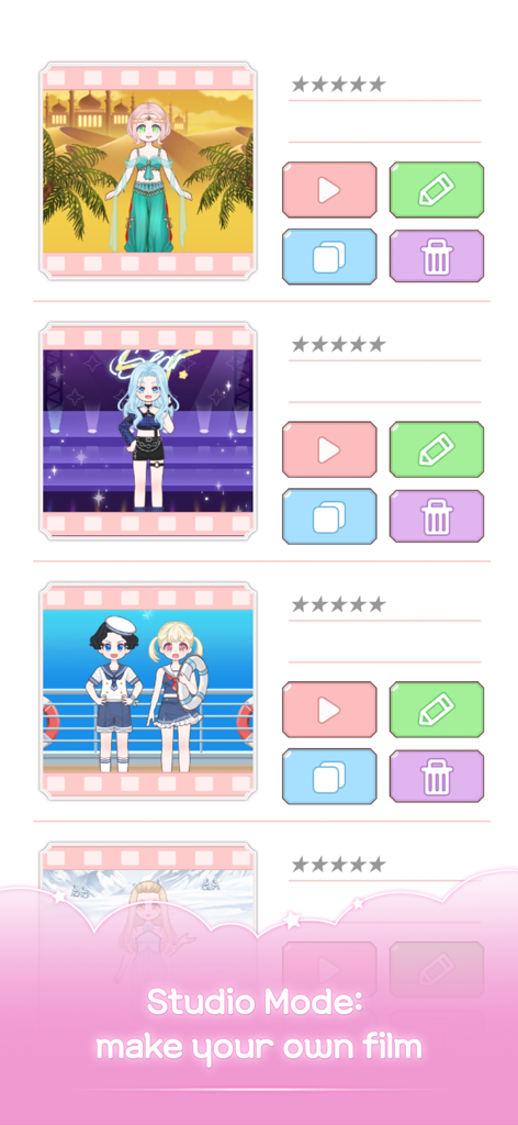 Lily Style - Interface do Modo Estúdio Lily Style mostrando uma lista de projetos de filmes de avatar com opções para editar, reproduzir ou excluir