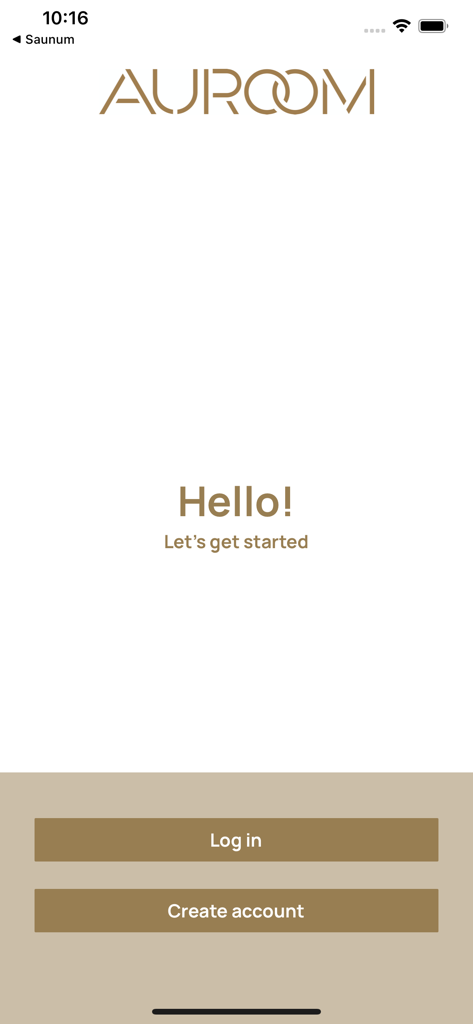 Auroom - Écran d'accueil de l'application de sauna Auroom avec boutons de connexion et d'inscription