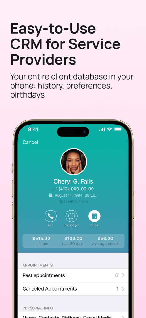 Masters Pro app interface showing a client database and profile with appointment history