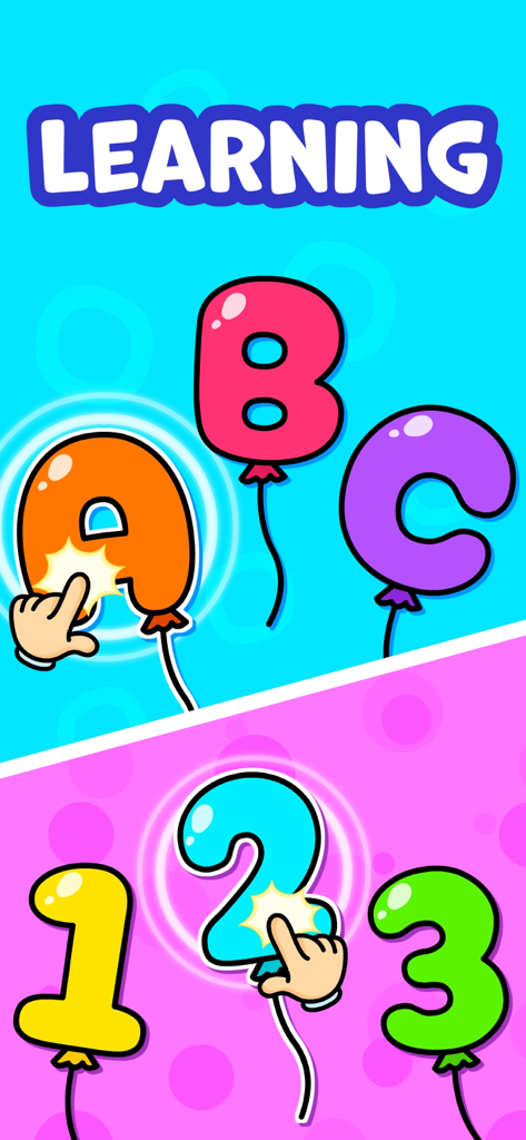 Interaktives Lernspiel für Kleinkinder, das bunte Ballonbuchstaben A B C und Zahlen 1 2 3 zeigt, wobei ein Finger zum Lernen tippt.
