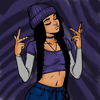 realistic teenage girl with braids and a beanie and crop top doing 🫶🏼