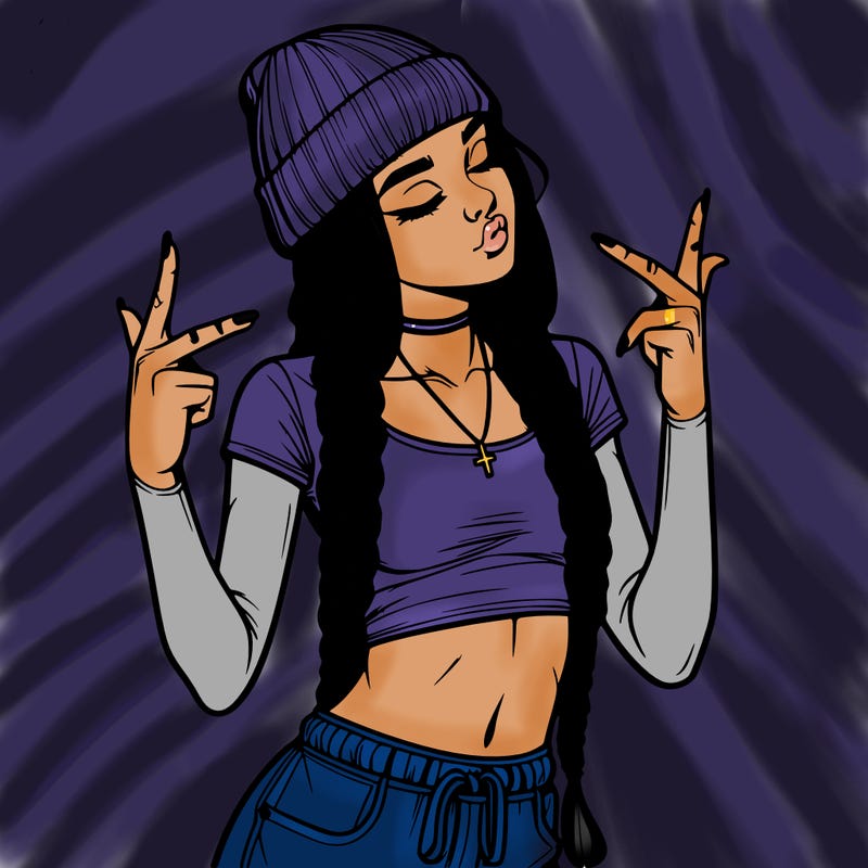 realistic teenage girl with braids and a beanie and crop top doing 🫶🏼