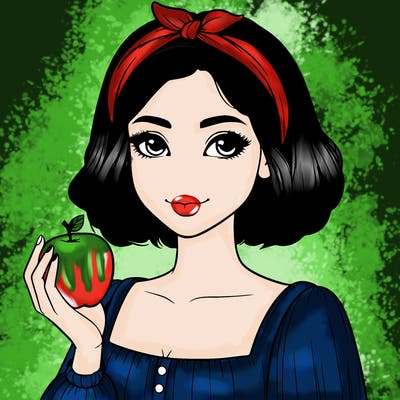 a woman with medium short hair, wearing a headband with a small bow, carrying an apple in her hand, realistic