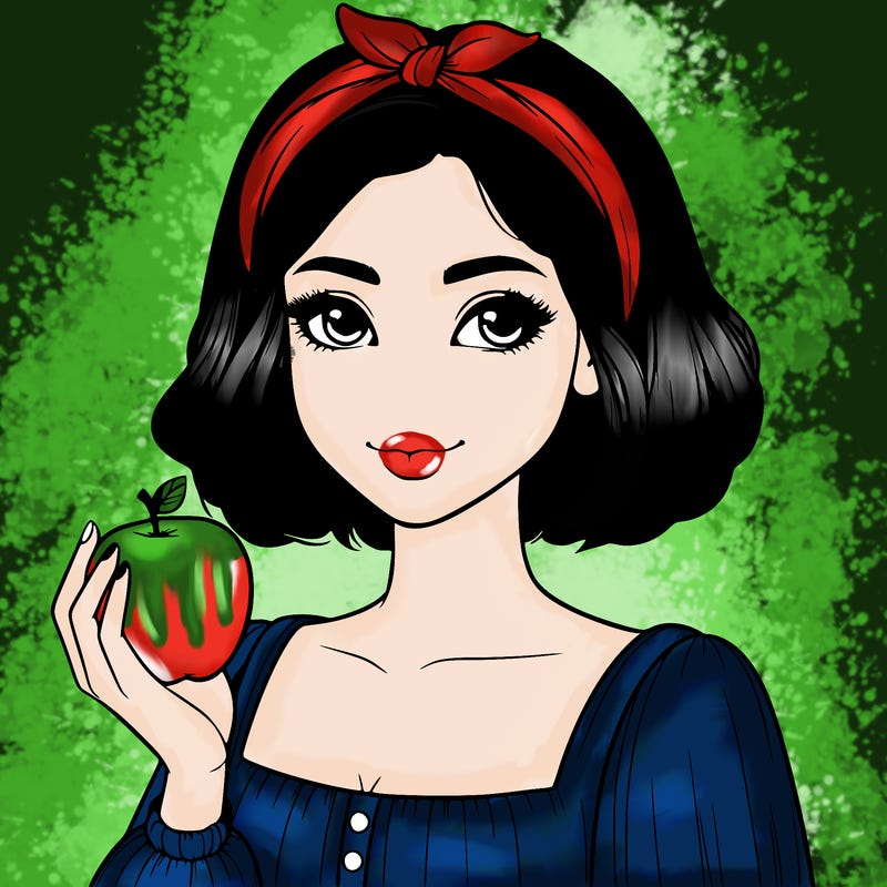 a woman with medium short hair, wearing a headband with a small bow, carrying an apple in her hand, realistic