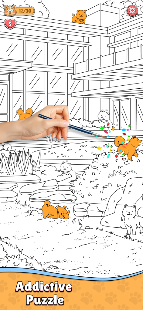 Find the Dog: Hidden Objects! - Hand drawn hidden object puzzle scene with orange dogs hidden in a backyard setting