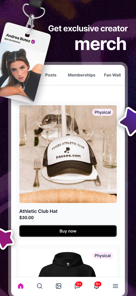 Passes - Interface of the Passes mobile app displaying exclusive creator merchandise for purchase including hats and hoodies.