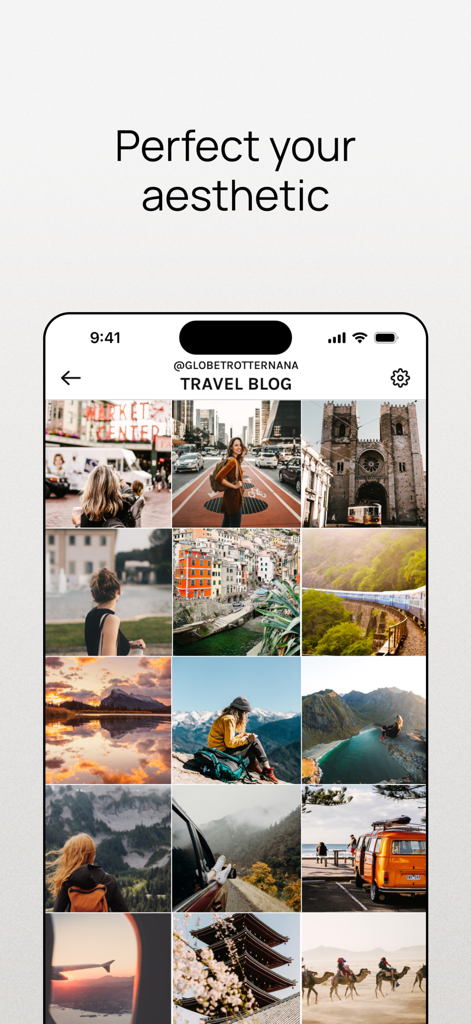 Instagram feed preview showing a curated travel blog grid layout on a smartphone.