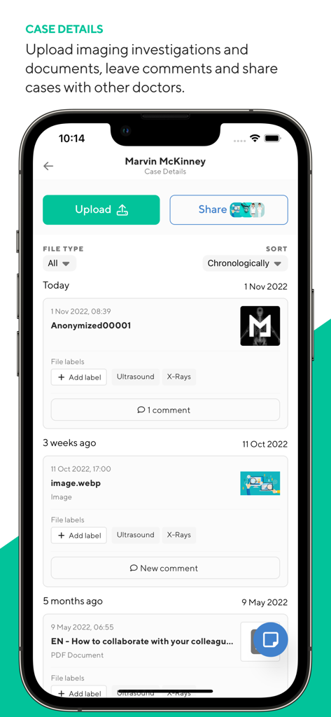 A mobile app screen showing patient case details with options to upload share and comment on medical imaging and files